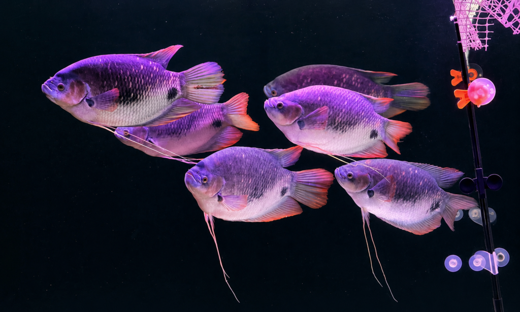 להקת גורמי זנב אדום (Osphronemus laticlavius) באקווריום מים מתוקים